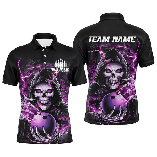 Custom Purple Skull Bowling Polo Shirts For Men, Personalized Halloween Bowling Team Shirts IPHW6802