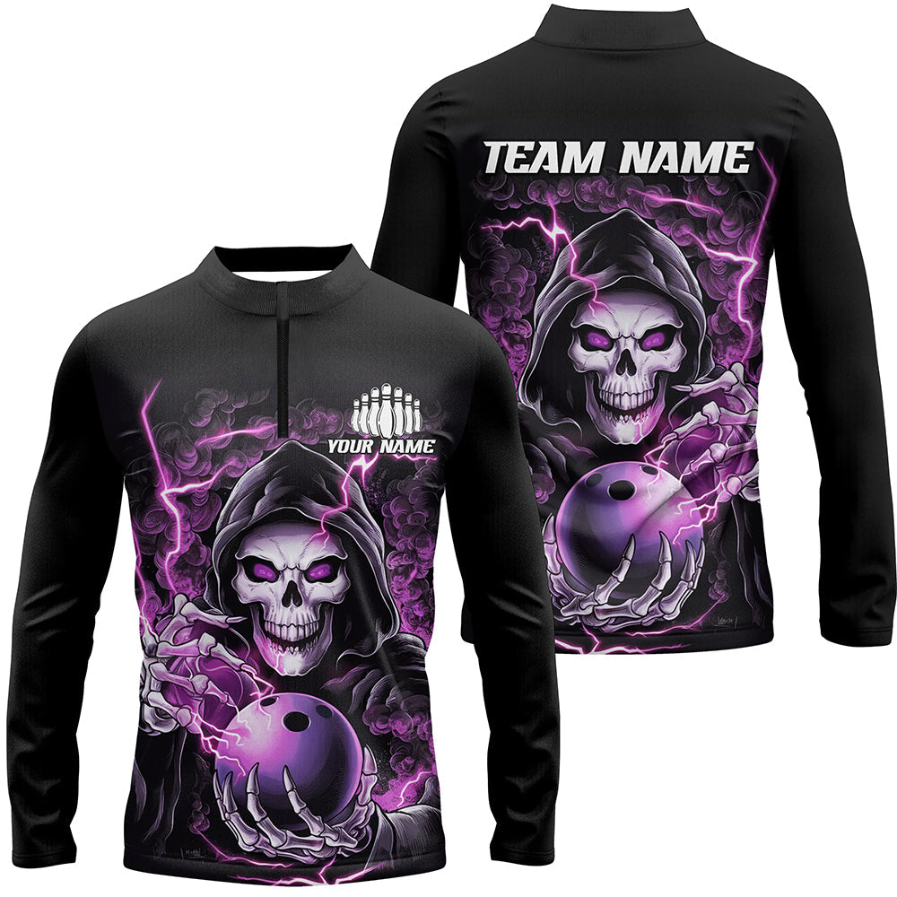 Custom Purple Skull Bowling Long Sleeve Quarter Zip Shirts For Men, Halloween Bowling Team Shirts IPHW6802