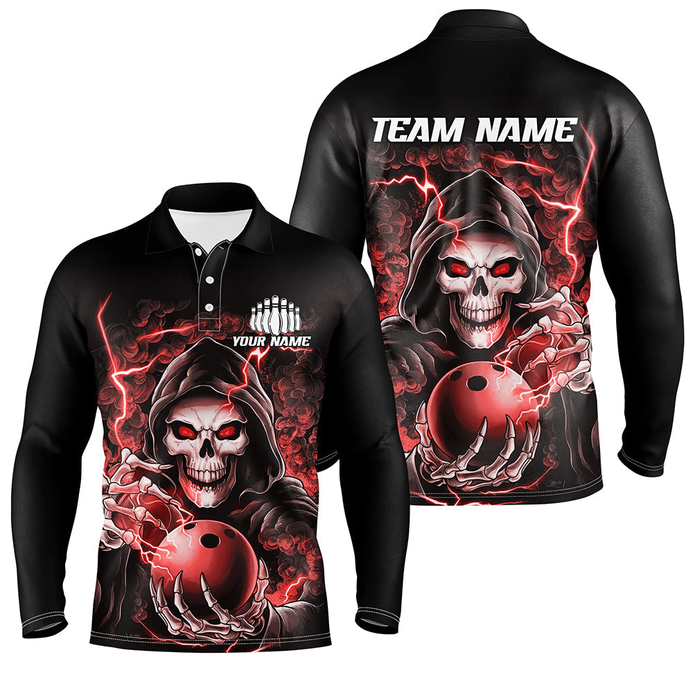 Custom Red Skull Bowling Long Sleeve Polo Shirts For Men, Halloween Bowling Team Shirts IPHW6803