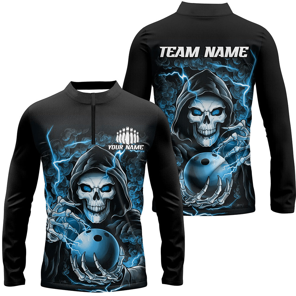 Custom Blue Skull Bowling Long Sleeve Quarter Zip Shirts For Men, Halloween Bowling Team Shirts IPHW6804