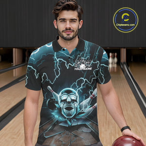 Custom Blue Thunder Lightning Skull Bowling Polo Team Shirts For Men, Halloween Outfit IPHW9497