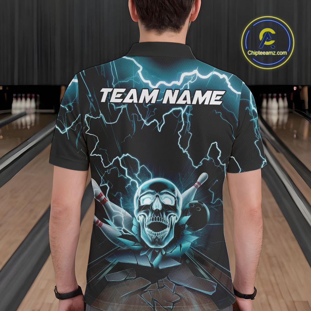 Custom Blue Thunder Lightning Skull Bowling Polo Team Shirts For Men, Halloween Outfit IPHW9497