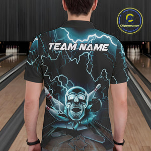 Custom Blue Thunder Lightning Skull Bowling Polo Team Shirts For Men, Halloween Outfit IPHW9497