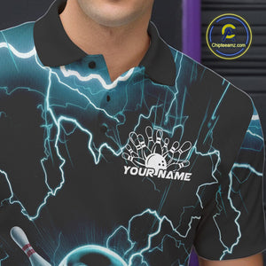 Custom Blue Thunder Lightning Skull Bowling Polo Team Shirts For Men, Halloween Outfit IPHW9497