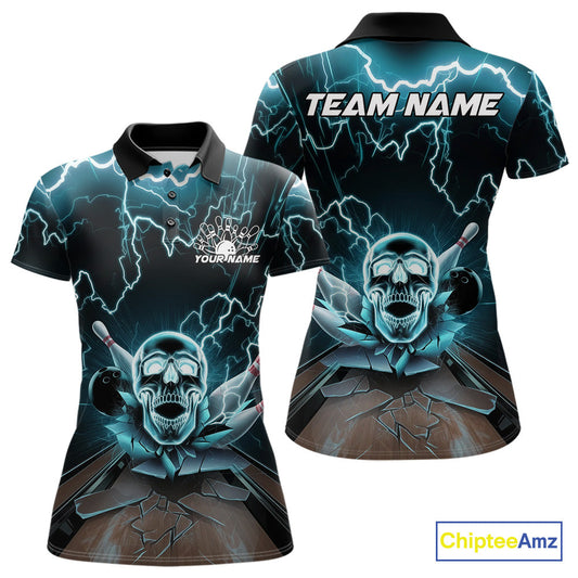 Custom Blue Thunder Lightning Skull Bowling Polo Team Shirts For Women, Halloween Outfit IPHW9497