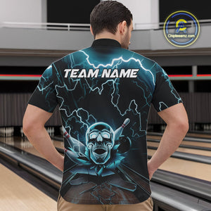 Custom Blue Thunder Lightning Skull Bowling Quarter-Zip Team Shirts For Men, Halloween Outfit IPHW9497