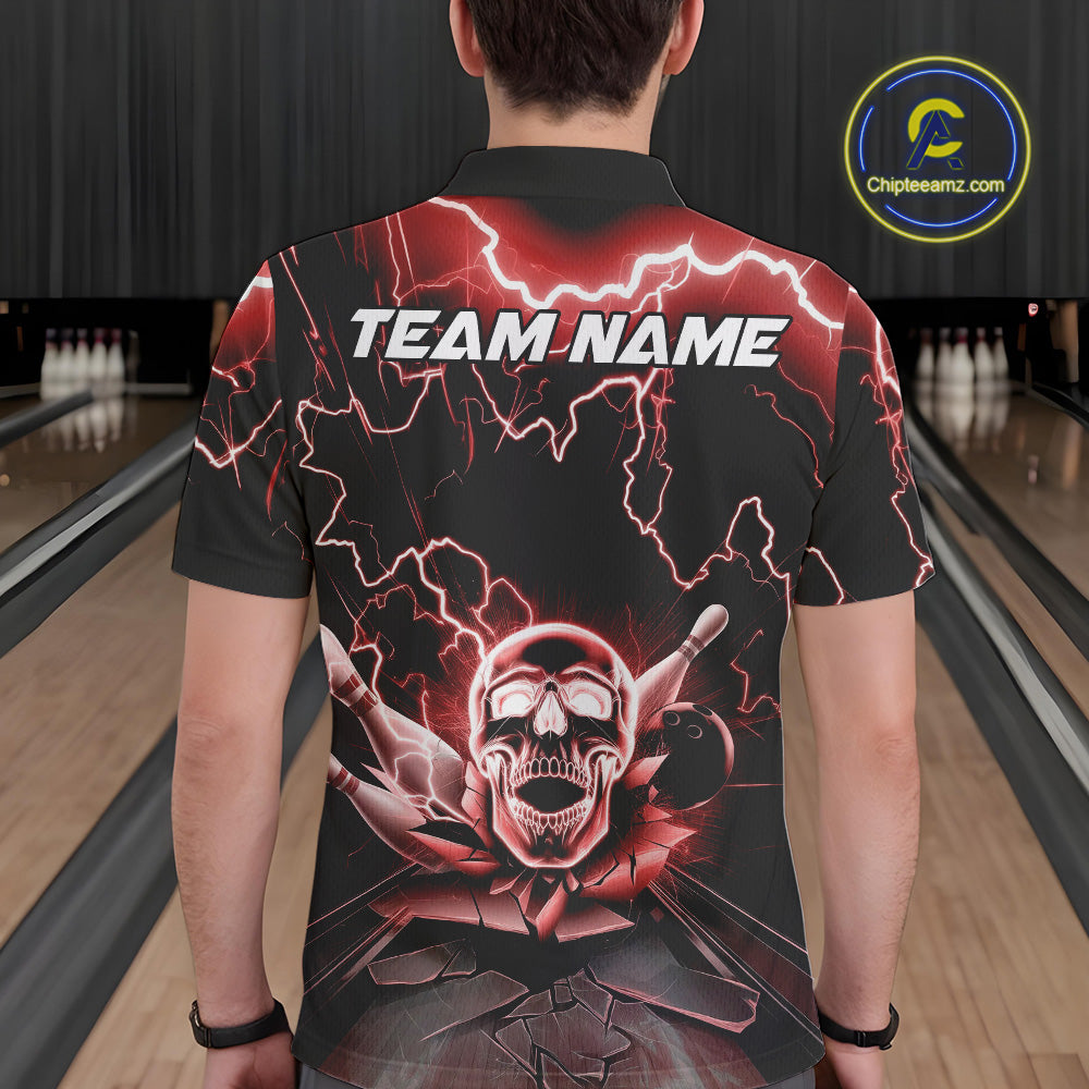 Custom Red Thunder Lightning Skull Bowling Polo Team Shirts For Men, Halloween Outfit IPHW9498