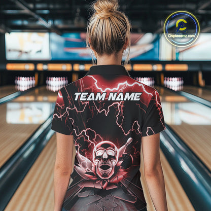 Custom Red Thunder Lightning Skull Bowling Polo Team Shirts For Women, Halloween Outfit IPHW9498