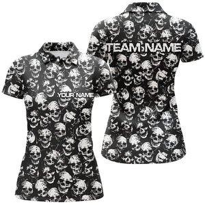 Custom Black And White Skull Halloween Ladies Bowling Shirts, Halloween Outfits For Bowlers IPHW7162