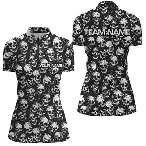 Custom Black And White Skull Halloween Ladies Bowling Shirts, Halloween Outfits For Bowlers IPHW7162