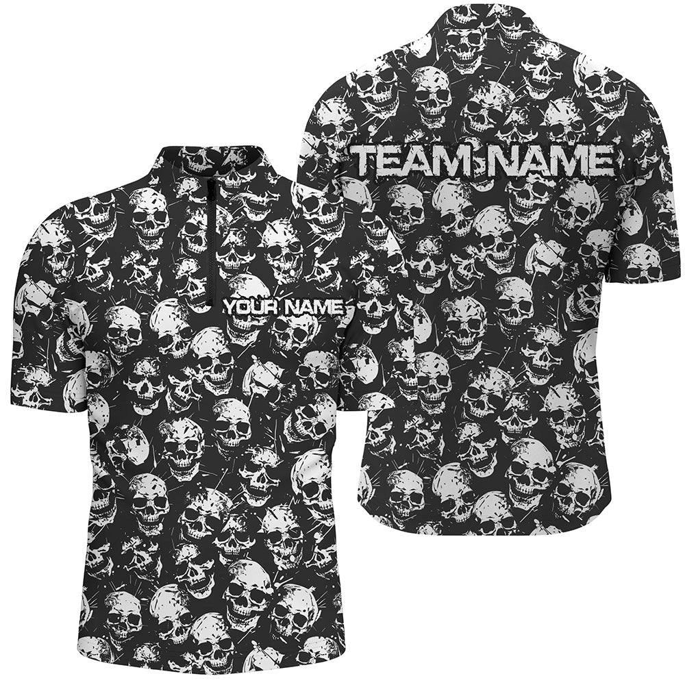 Custom Black And White Skull Halloween Bowling Shirts For Men, Halloween Outfits For Bowlers IPHW7162