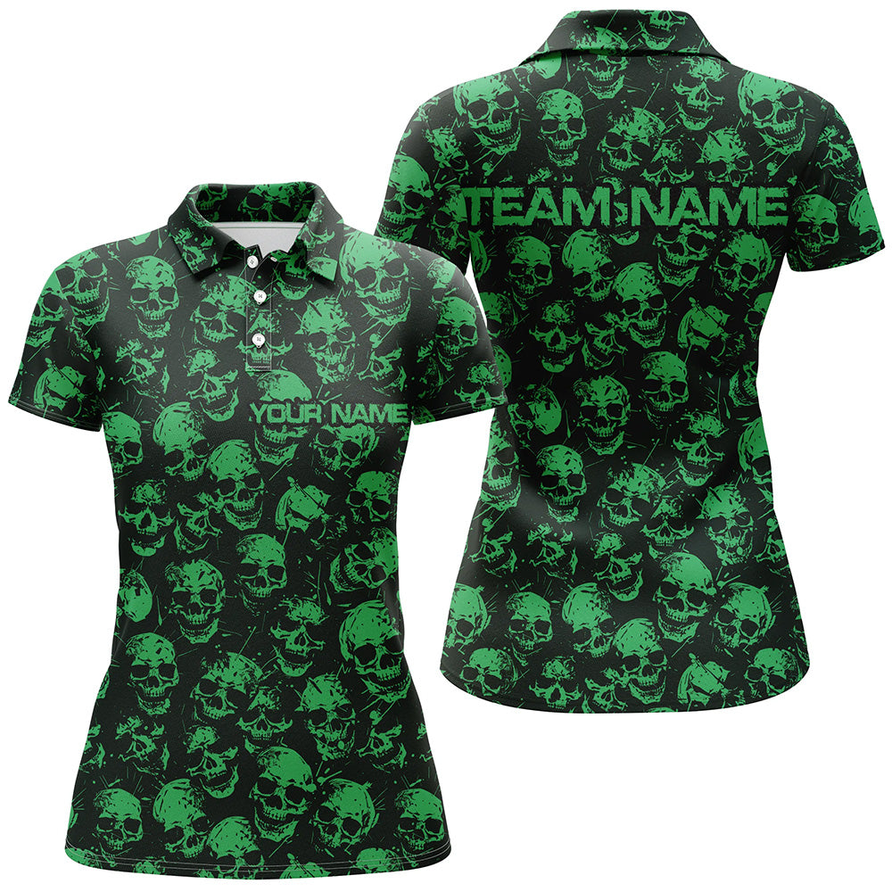 Custom Black And Green Skull Halloween Ladies Bowling Shirts, Halloween Outfits For Bowlers IPHW7164