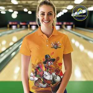 Custom Funny Thanksgiving Turkey Bowling Women Polo Shirts, Thanksgiving Bowler Outfit IPHW9724