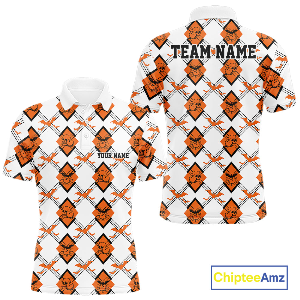 Custom White And Orange Halloween Bowling Argyle Pattern Men Polo Shirt Outfit IPHW11922