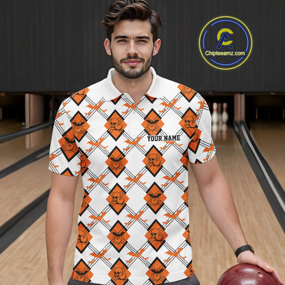 Custom White And Orange Halloween Bowling Argyle Pattern Men Polo Shirt Outfit IPHW11922