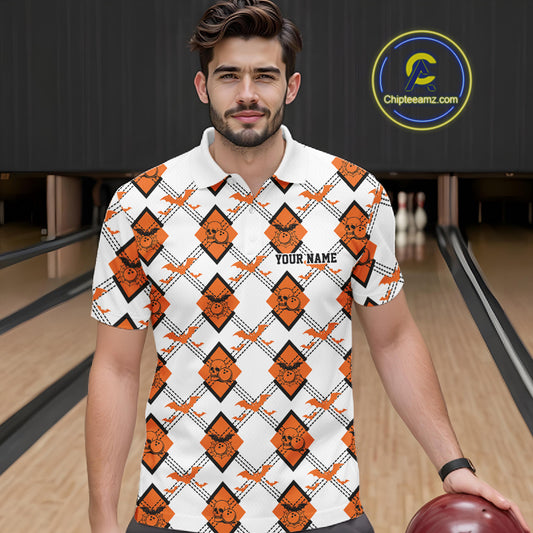 Custom White And Orange Halloween Bowling Argyle Pattern Men Polo Shirt Outfit IPHW11922