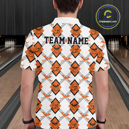 Custom White And Orange Halloween Bowling Argyle Pattern Men Polo Shirt Outfit IPHW11922