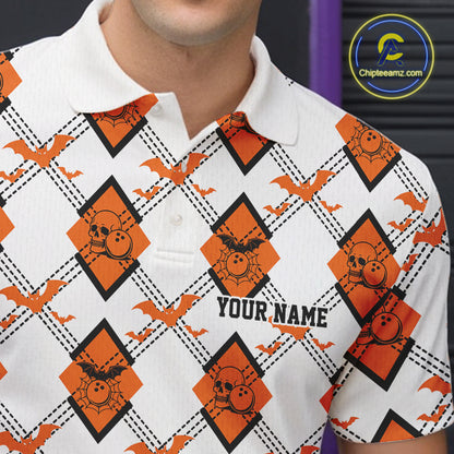 Custom White And Orange Halloween Bowling Argyle Pattern Men Polo Shirt Outfit IPHW11922