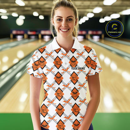 Custom White And Orange Halloween Bowling Argyle Pattern Women Polo Shirt Outfit IPHW11922