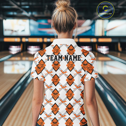 Custom White And Orange Halloween Bowling Argyle Pattern Women Polo Shirt Outfit IPHW11922
