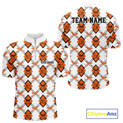Custom White And Orange Halloween Bowling Argyle Pattern Men Quarter Zip Shirt Outfit IPHW11922