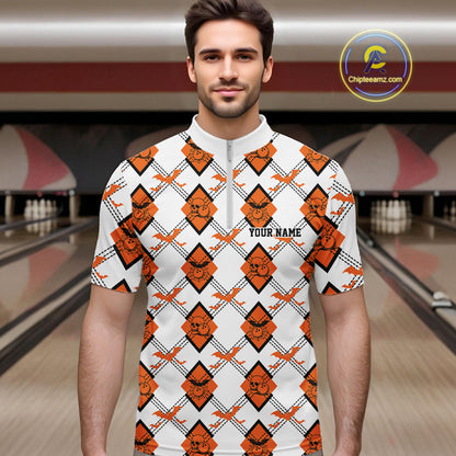 Custom White And Orange Halloween Bowling Argyle Pattern Men Quarter Zip Shirt Outfit IPHW11922