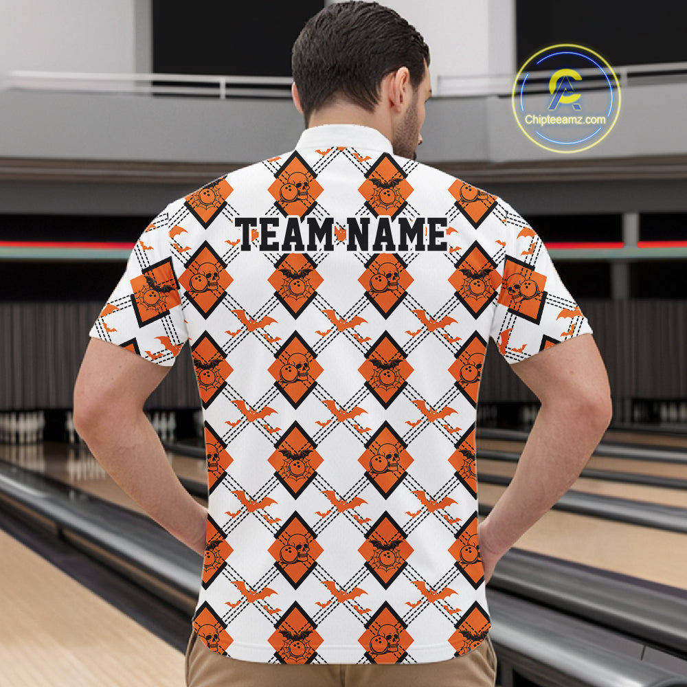 Custom White And Orange Halloween Bowling Argyle Pattern Men Quarter Zip Shirt Outfit IPHW11922