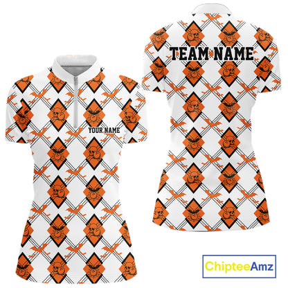 Custom White And Orange Halloween Bowling Argyle Pattern Women Quarter-Zip Shirt Outfit IPHW11922