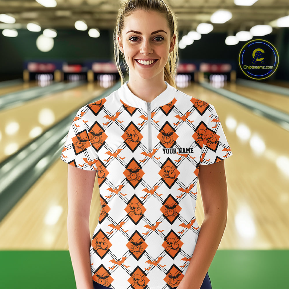 Custom White And Orange Halloween Bowling Argyle Pattern Women Quarter-Zip Shirt Outfit IPHW11922