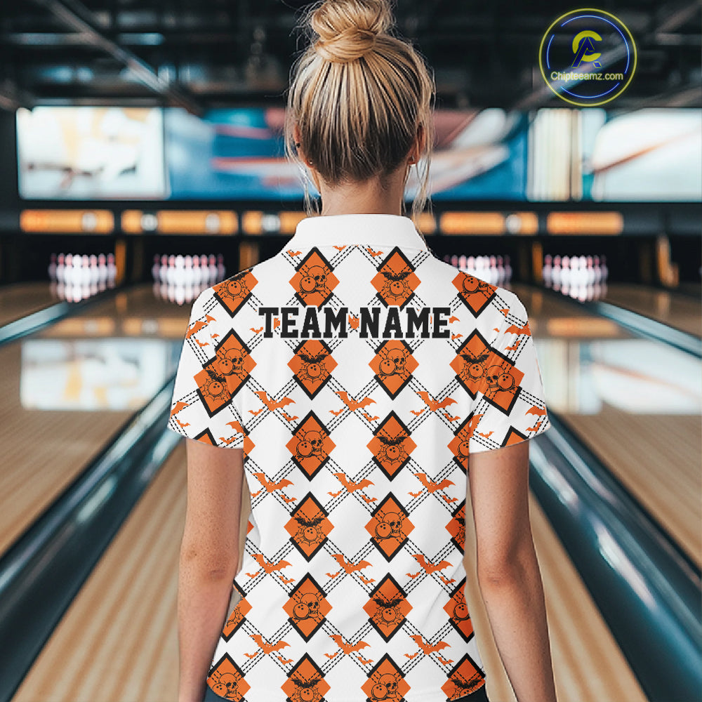 Custom White And Orange Halloween Bowling Argyle Pattern Women Quarter-Zip Shirt Outfit IPHW11922