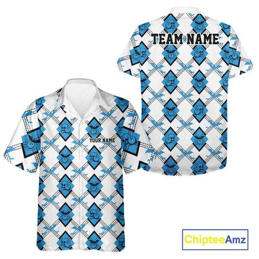 Custom White And Blue Halloween Bowling Argyle Pattern Men And Women Button Up Shirt Outfit IPHW11923