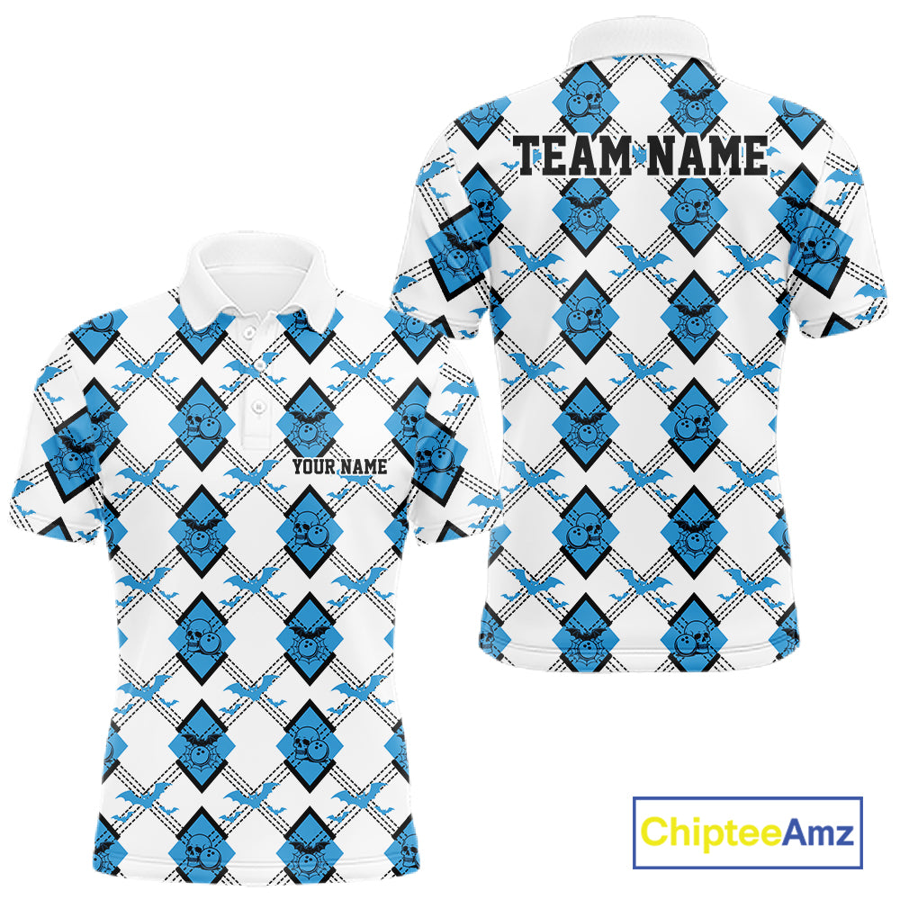 Custom White And Blue Halloween Bowling Argyle Pattern Men Polo Shirt Outfit IPHW11923