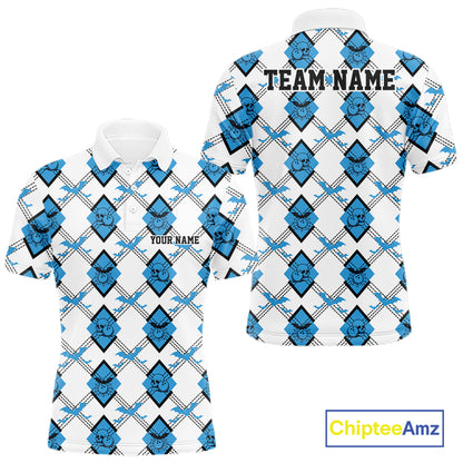 Custom White And Blue Halloween Bowling Argyle Pattern Men Polo Shirt Outfit IPHW11923