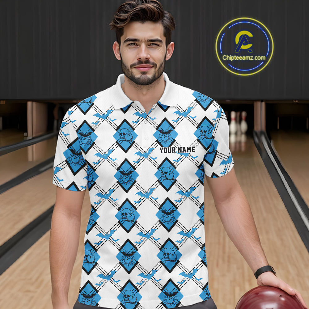 Custom White And Blue Halloween Bowling Argyle Pattern Men Polo Shirt Outfit IPHW11923