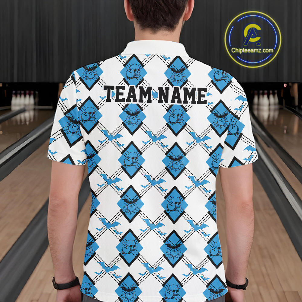 Custom White And Blue Halloween Bowling Argyle Pattern Men Polo Shirt Outfit IPHW11923