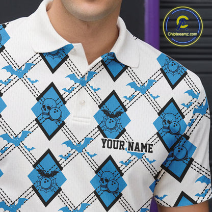 Custom White And Blue Halloween Bowling Argyle Pattern Men Polo Shirt Outfit IPHW11923