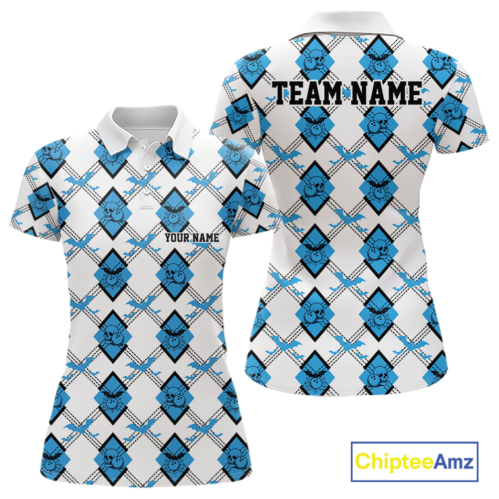 Custom White And Blue Halloween Bowling Argyle Pattern Women Polo Shirt Outfit IPHW11923