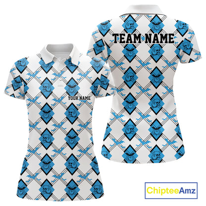 Custom White And Blue Halloween Bowling Argyle Pattern Women Polo Shirt Outfit IPHW11923