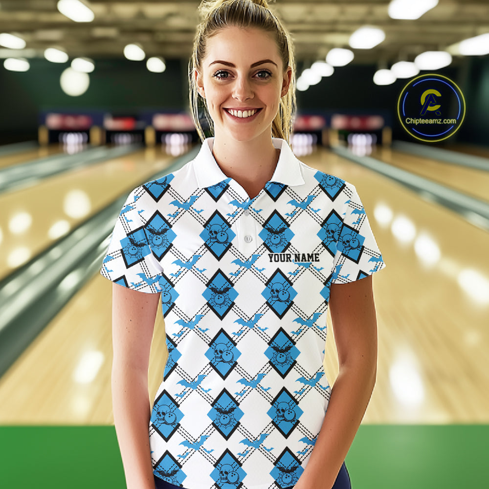 Custom White And Blue Halloween Bowling Argyle Pattern Women Polo Shirt Outfit IPHW11923