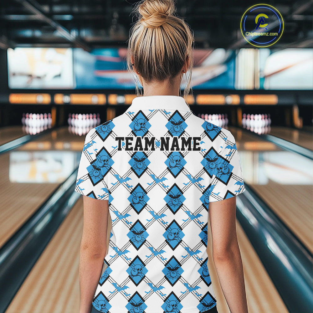 Custom White And Blue Halloween Bowling Argyle Pattern Women Polo Shirt Outfit IPHW11923