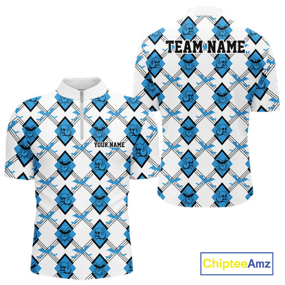 Custom White And Blue Halloween Bowling Argyle Pattern Men Quarter Zip Shirt Outfit IPHW11923