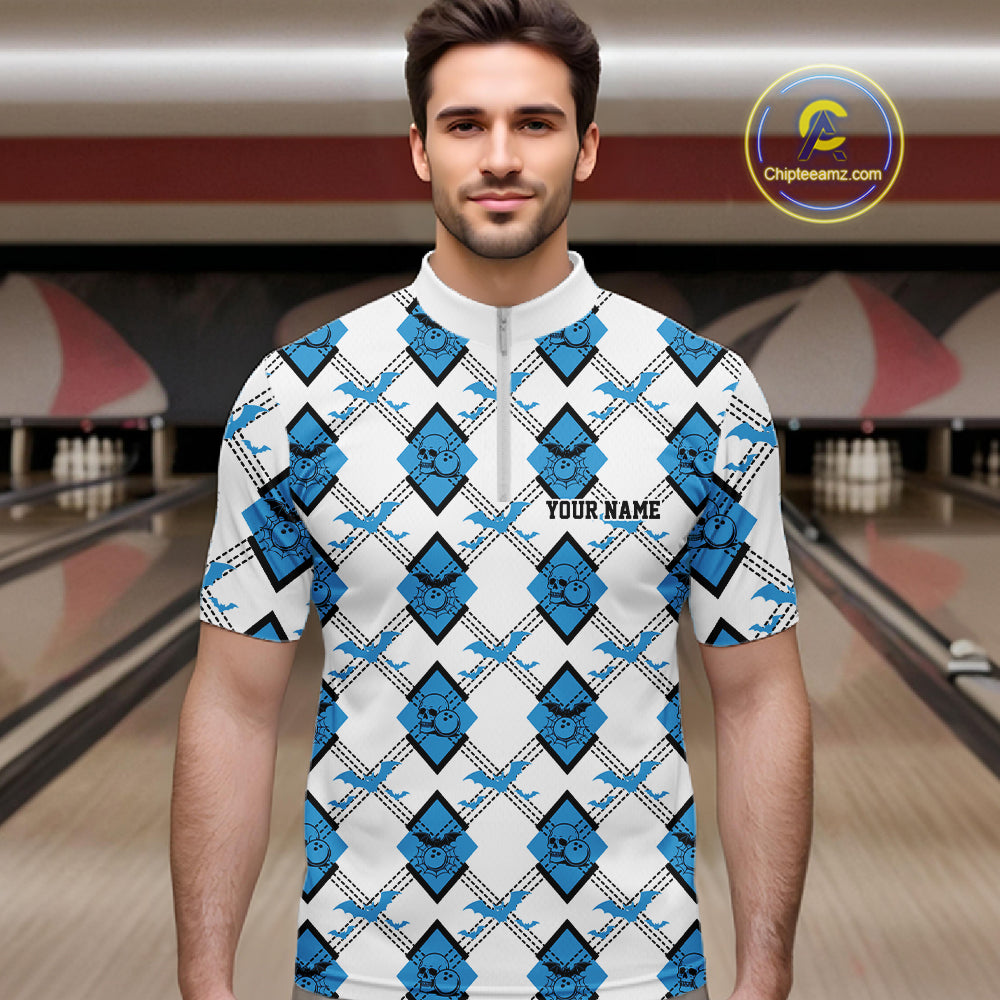 Custom White And Blue Halloween Bowling Argyle Pattern Men Quarter Zip Shirt Outfit IPHW11923