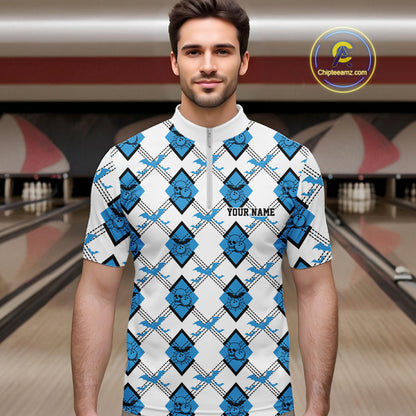 Custom White And Blue Halloween Bowling Argyle Pattern Men Quarter Zip Shirt Outfit IPHW11923