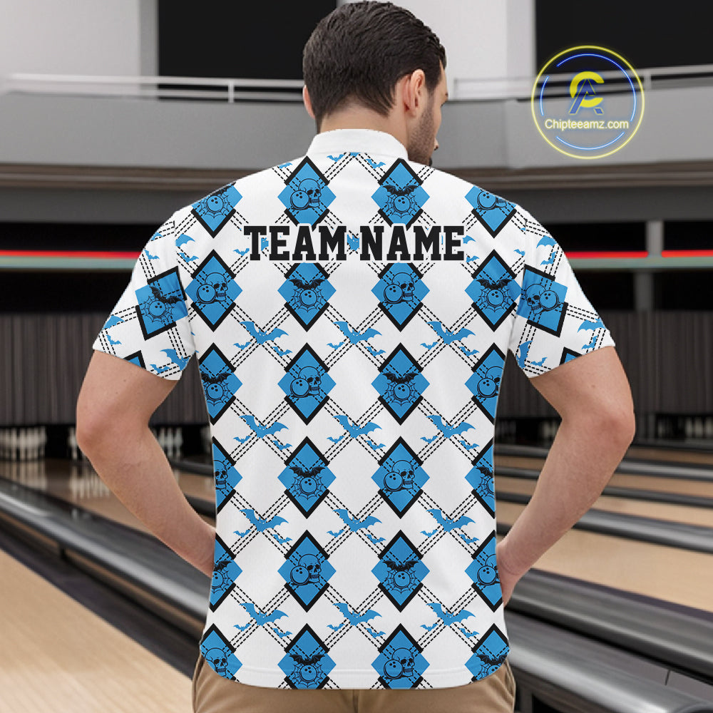 Custom White And Blue Halloween Bowling Argyle Pattern Men Quarter Zip Shirt Outfit IPHW11923