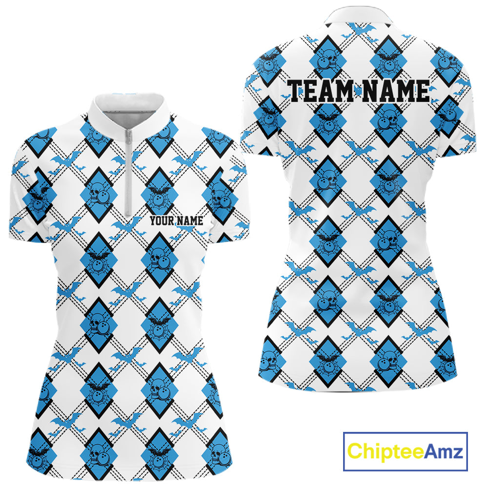 Custom White And Blue Halloween Bowling Argyle Pattern Women Quarter-Zip Shirt Outfit IPHW11923