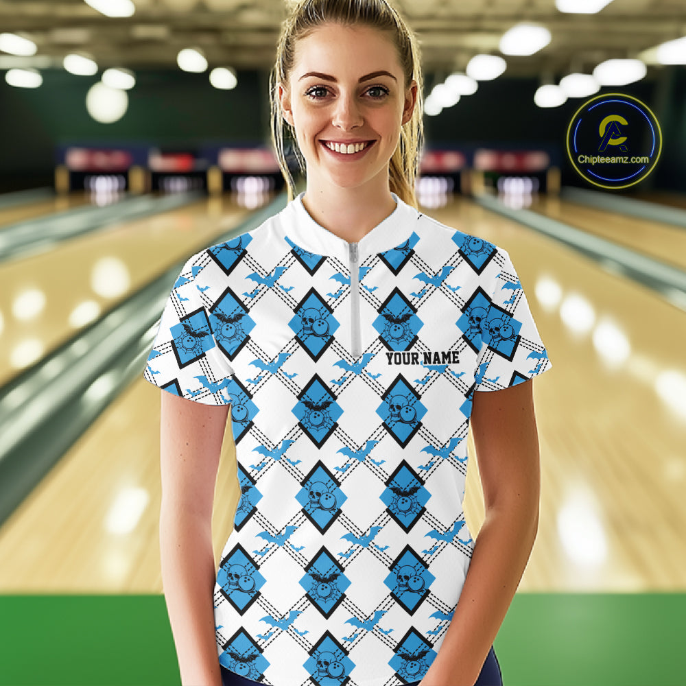 Custom White And Blue Halloween Bowling Argyle Pattern Women Quarter-Zip Shirt Outfit IPHW11923