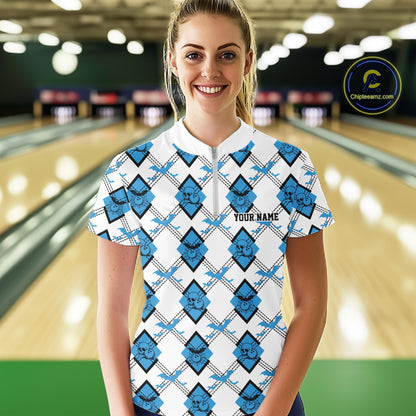 Custom White And Blue Halloween Bowling Argyle Pattern Women Quarter-Zip Shirt Outfit IPHW11923