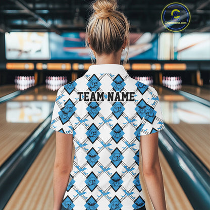 Custom White And Blue Halloween Bowling Argyle Pattern Women Quarter-Zip Shirt Outfit IPHW11923