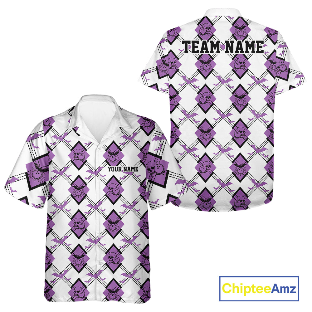 Custom White And Purple Halloween Bowling Argyle Pattern Men And Women Button Up Shirt Outfit IPHW11924