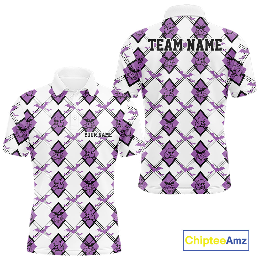 Custom White And Purple Halloween Bowling Argyle Pattern Men Polo Shirt Outfit IPHW11924